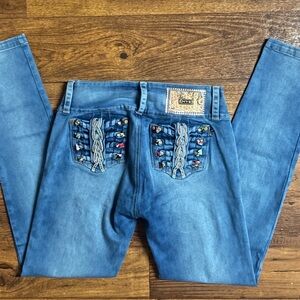 NYE • Size 14 • Denim Blue W/ Multi-Colors Braided • Gold/Diamond Studded •Jeans